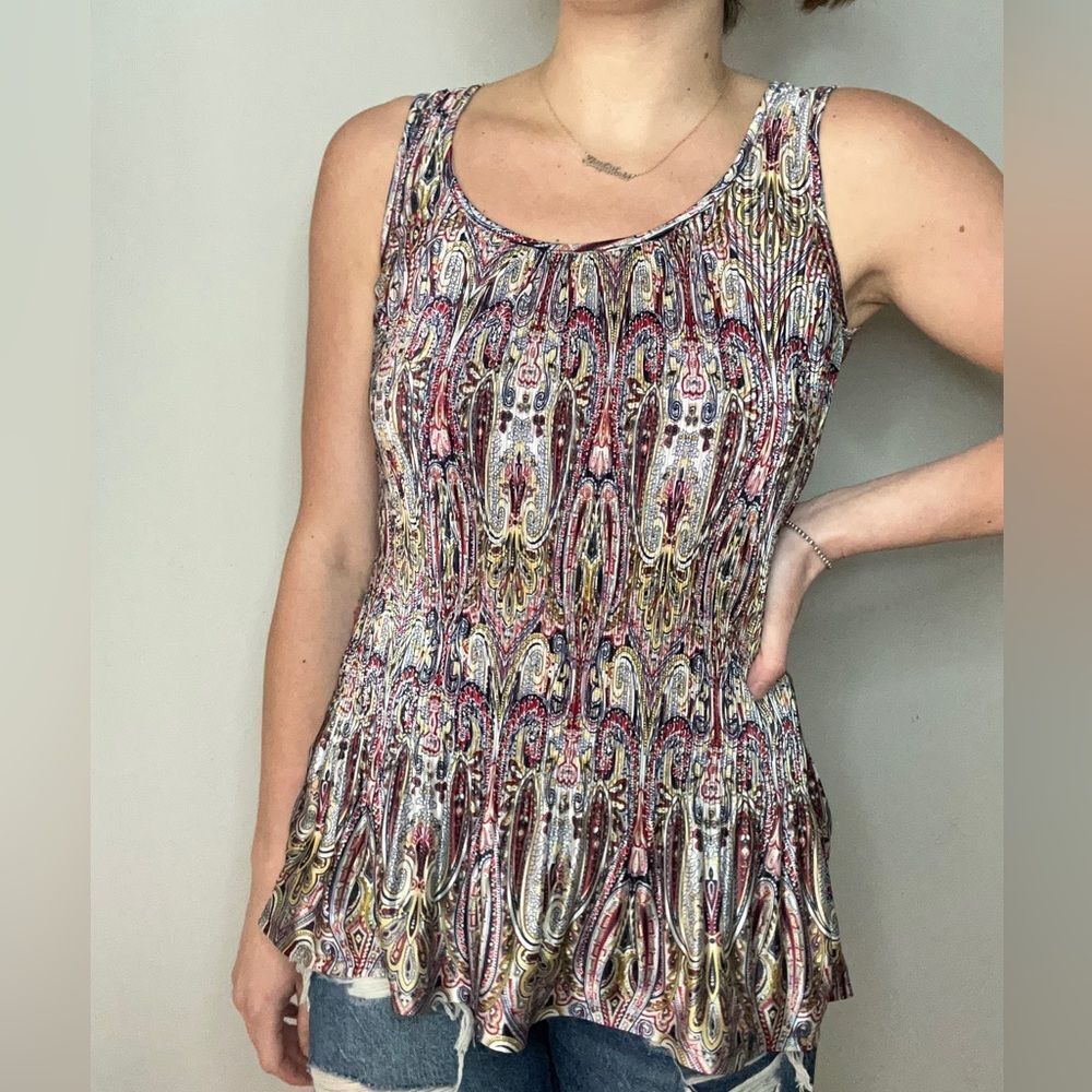 White House Black Market Peplum Tank Top Paisley Scoop Neck Accordion